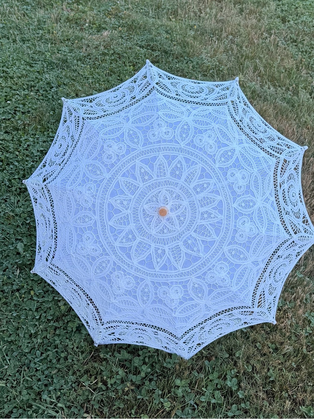 Victorian White Lace Parasol with Wooden Handle